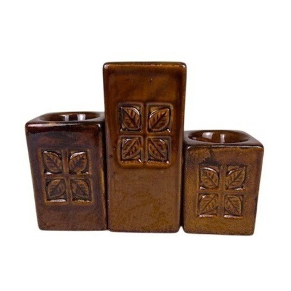 Vintage Brown Ceramic Leaf Motif Tea Light‎ Candle Holder Set of 3 MCM